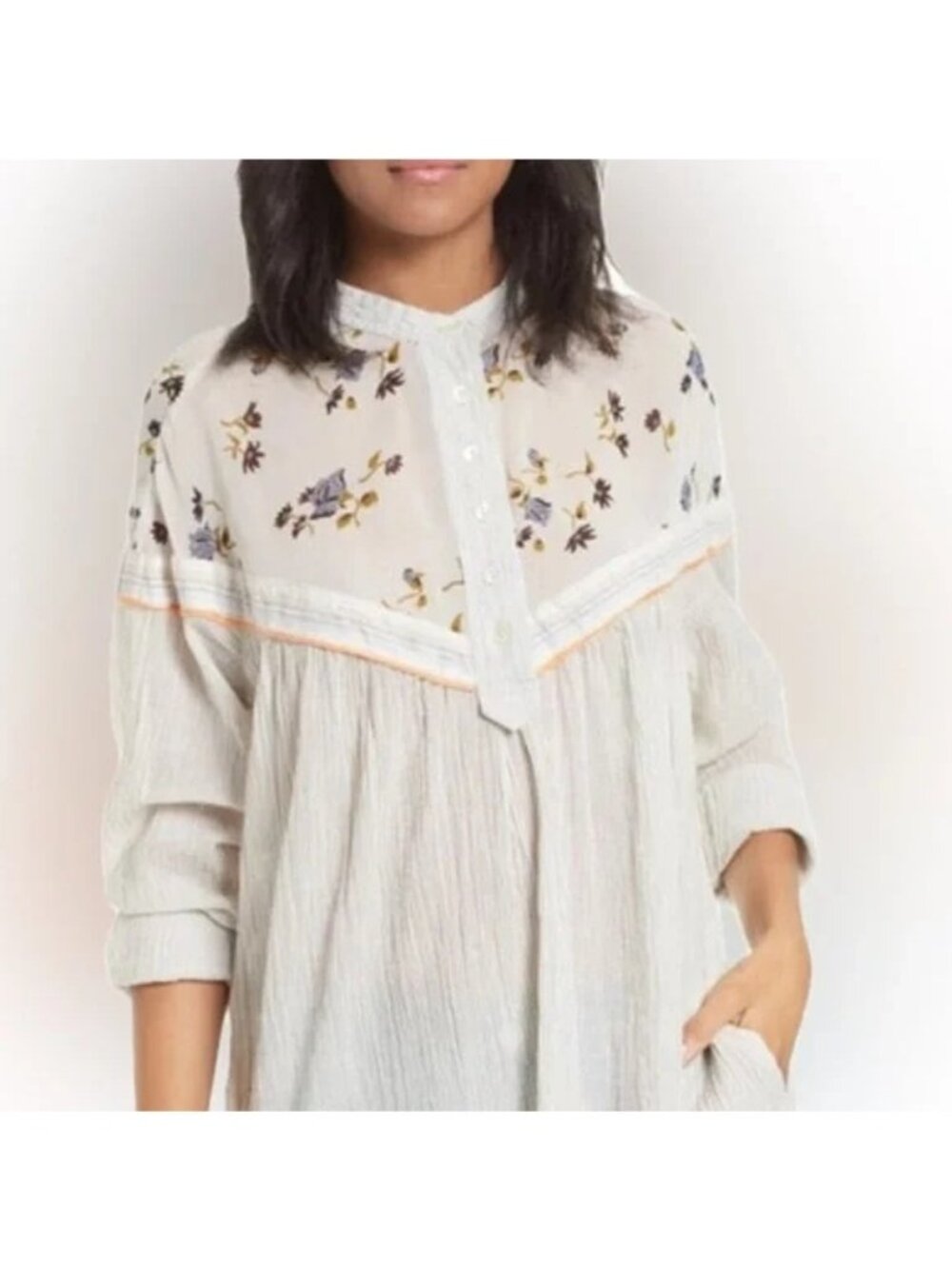 Free People Hearts and Colors Top Tunic Gray Floral Cotton size large pockets - Picture 7 of 8